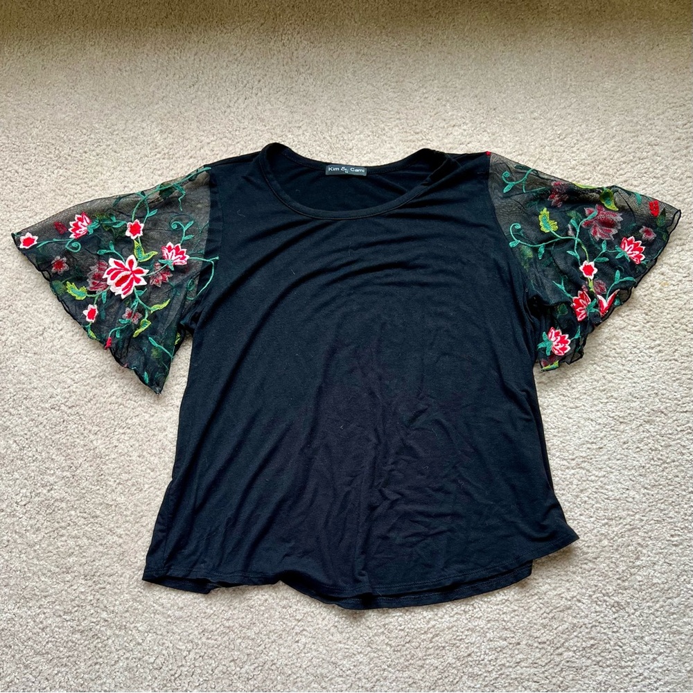 Embroidered Sheer Flutter Sleeve Tee